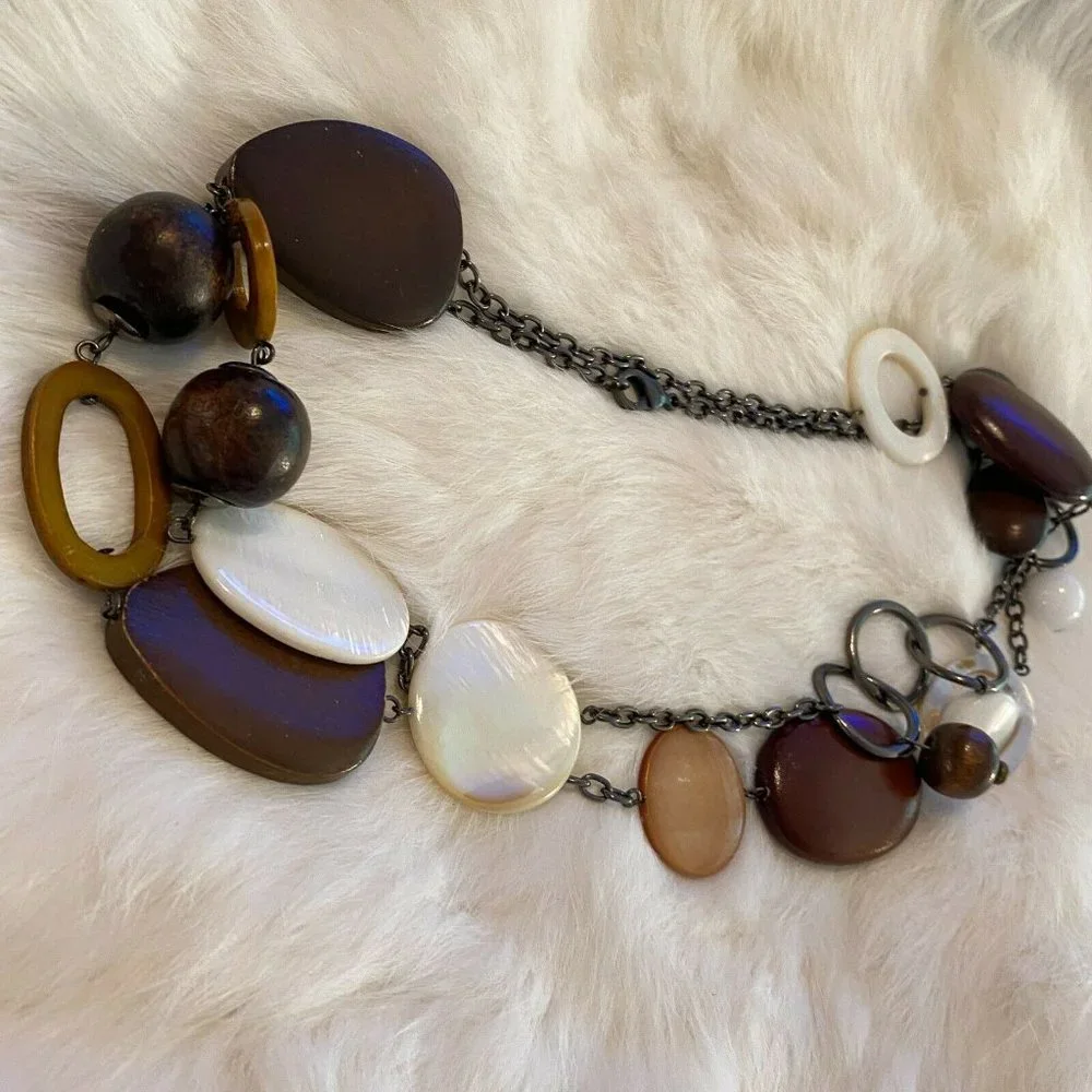Western‎ Necklace Festival Wood Shell Mixed Media Mother of Pearl Boho Long 6184